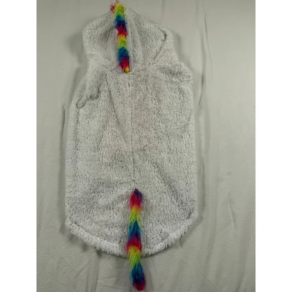Woof Pet Unicorn Costume White Pink Rainbow Faux Fur Gold Horn Size XL